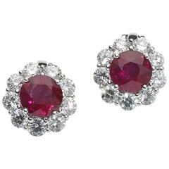 Ruby diamond platinum cluster earrings 