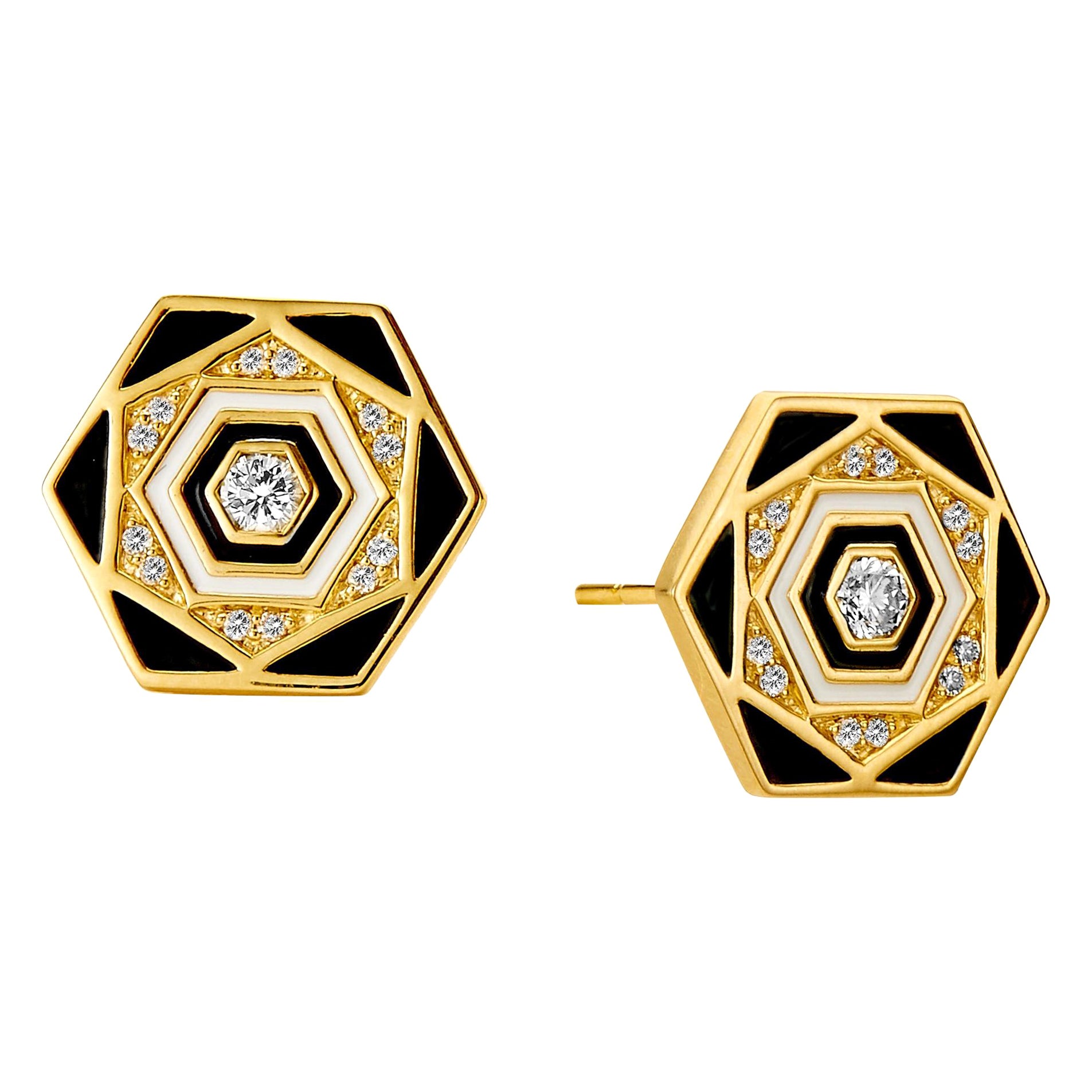 Syna Yellow Gold Black and White Enamel Hex Earrings with Diamonds