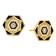 Syna Yellow Gold Black and White Enamel Hex Earrings with Diamonds