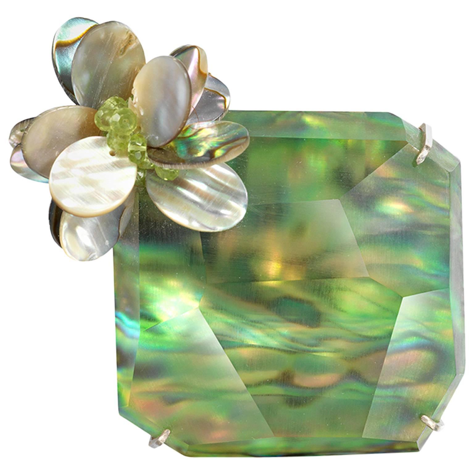 Donna Brennan Paura Shell and Lucite Brooch with Peridot Clusters For Sale