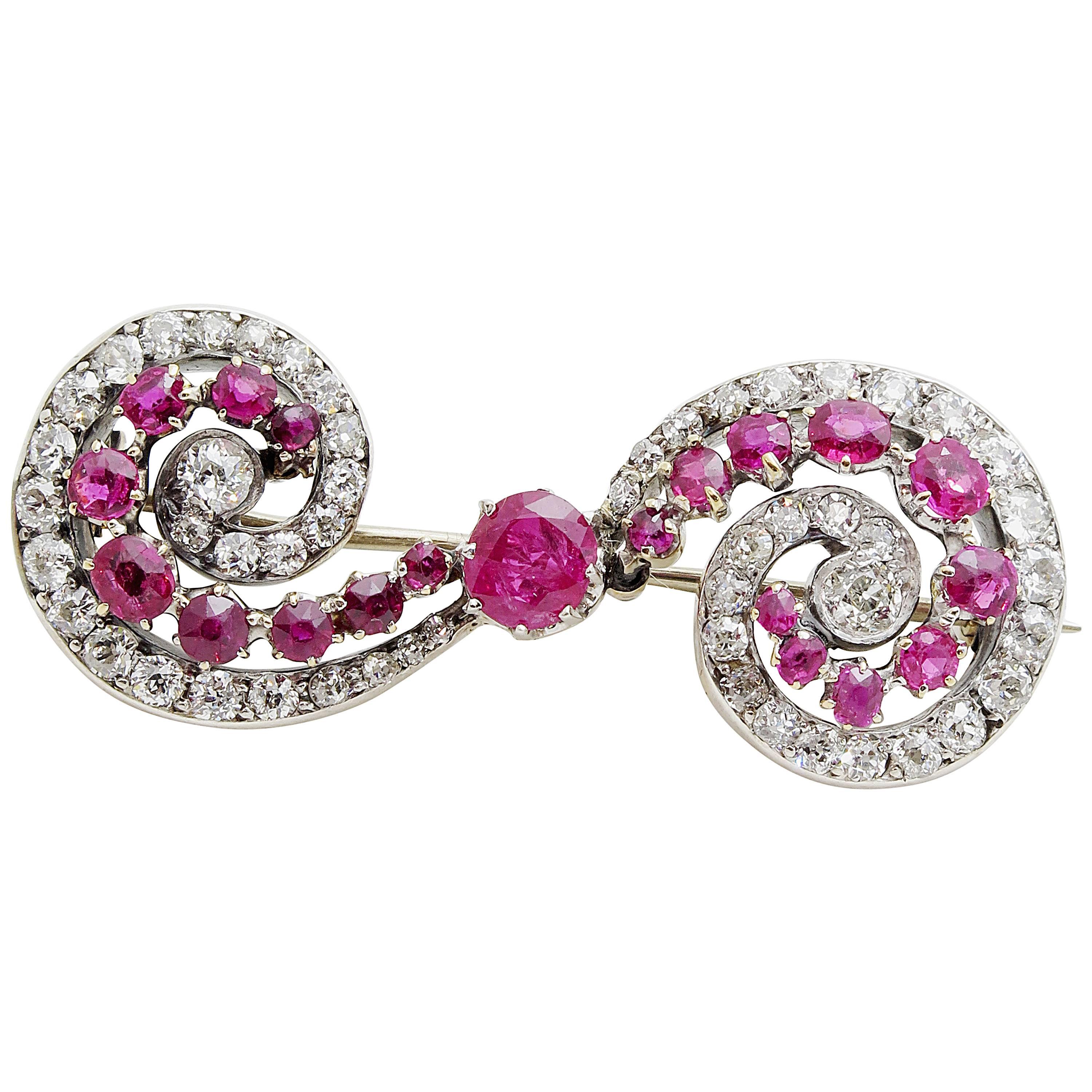 Victorian Ruby and Diamond Brooch, Late 19th Century