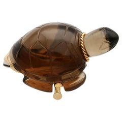 Retro 1950s French Smoky Quartz and Yellow Gold Turtle Brooch