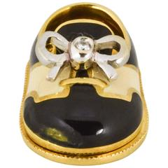 Vintage Aaron Basha black and white enamel gold baby shoe charm