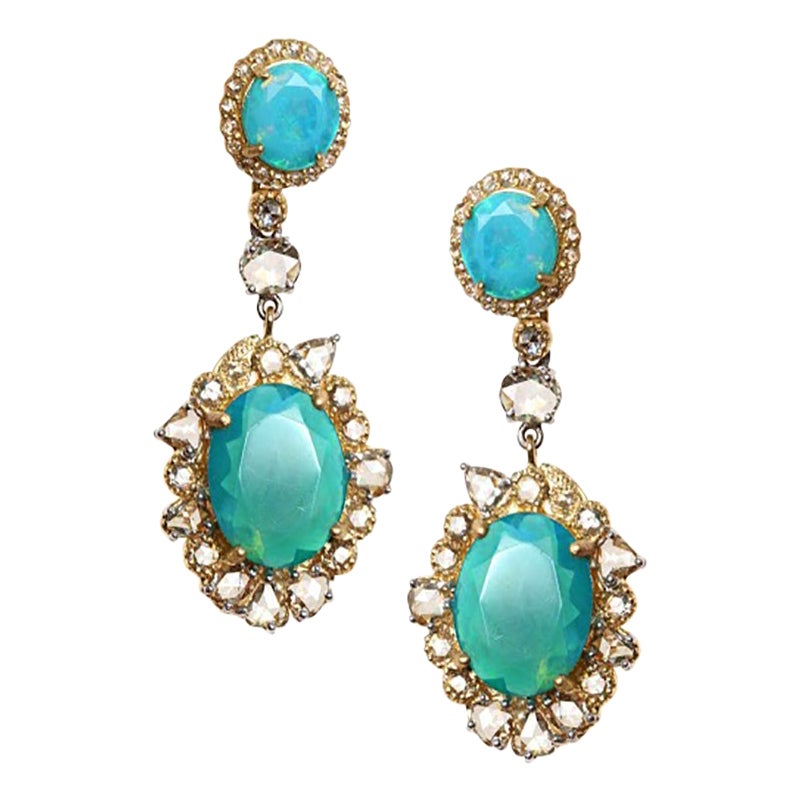 Blue Ethiopian Opals Earrings with 2.67 Carat Diamonds