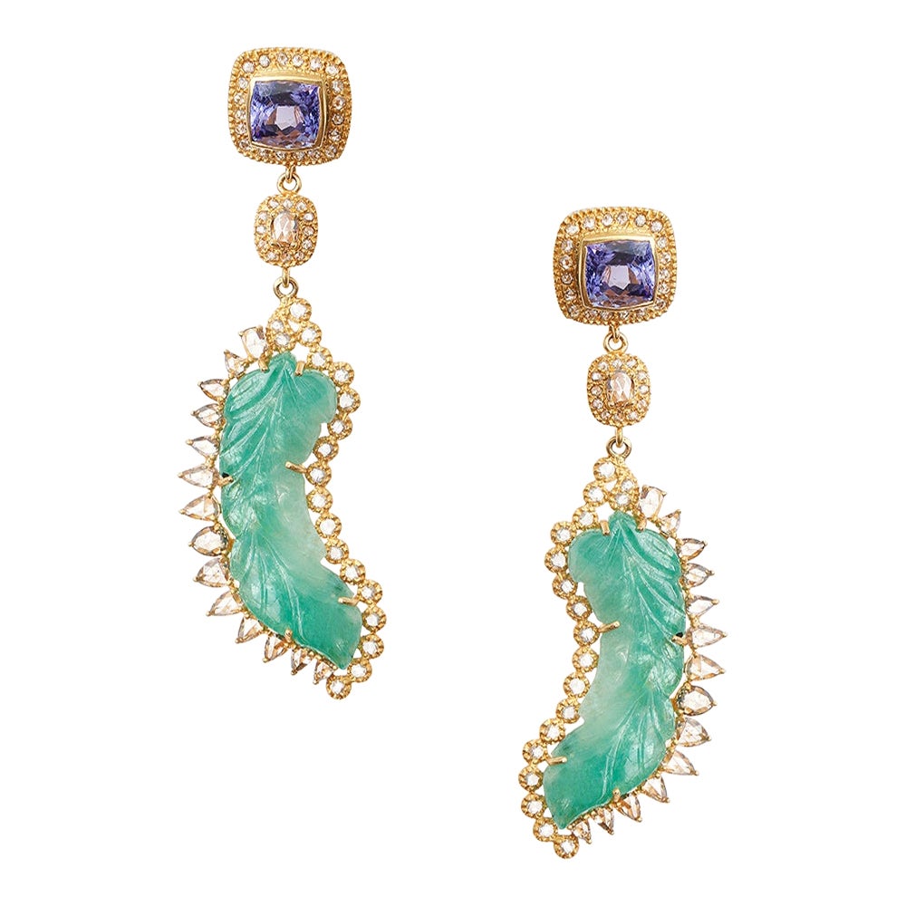 Carved Emerald and Tanzanite Dangle Earrings with 2.62 Carat Diamonds For Sale