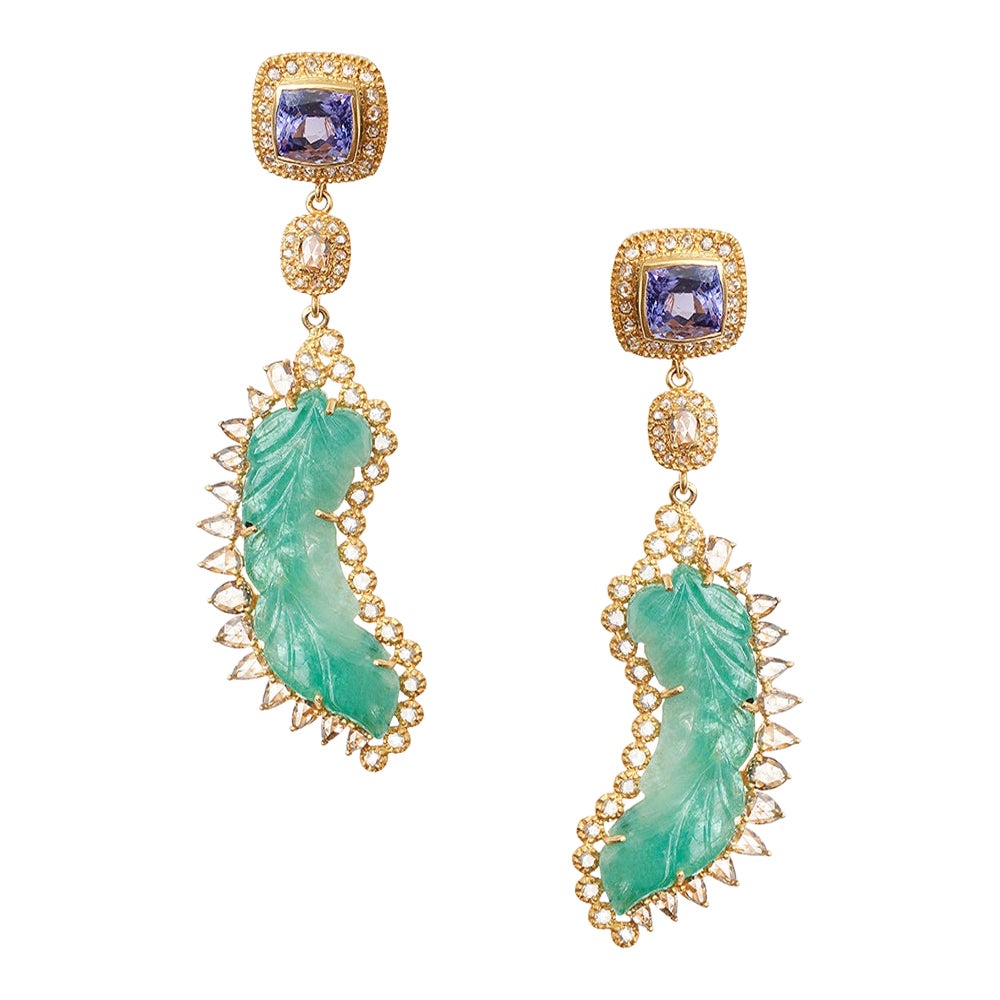 Pendientes colgantes de esmeralda tallada y tanzanita con diamantes de 2,62 quilates