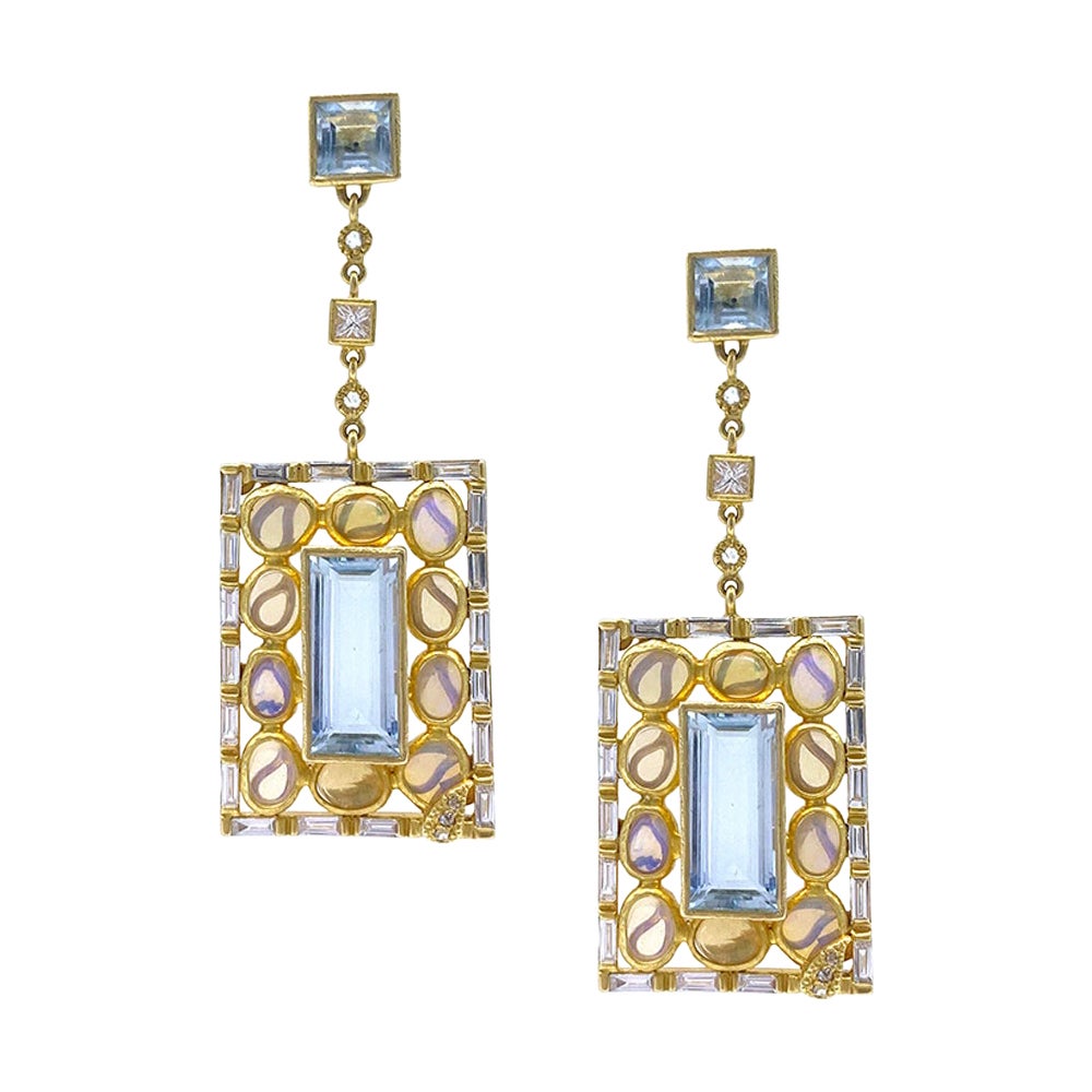 Aquamarine and Opals Dangle Earrings with 2.99 Diamonds For Sale