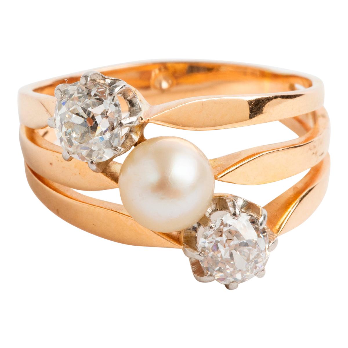 Art Deco Pearl & Diamond Trilogy Ring 'Est .62carat & .68carat' 18K Yellow Gold For Sale