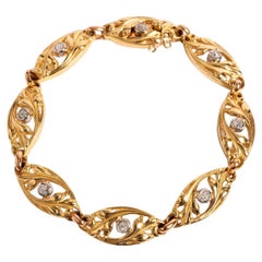 Art Nouveau Diamond Set French Bracelet, 7 Rose Cut Diamonds, 18K Yellow Gold