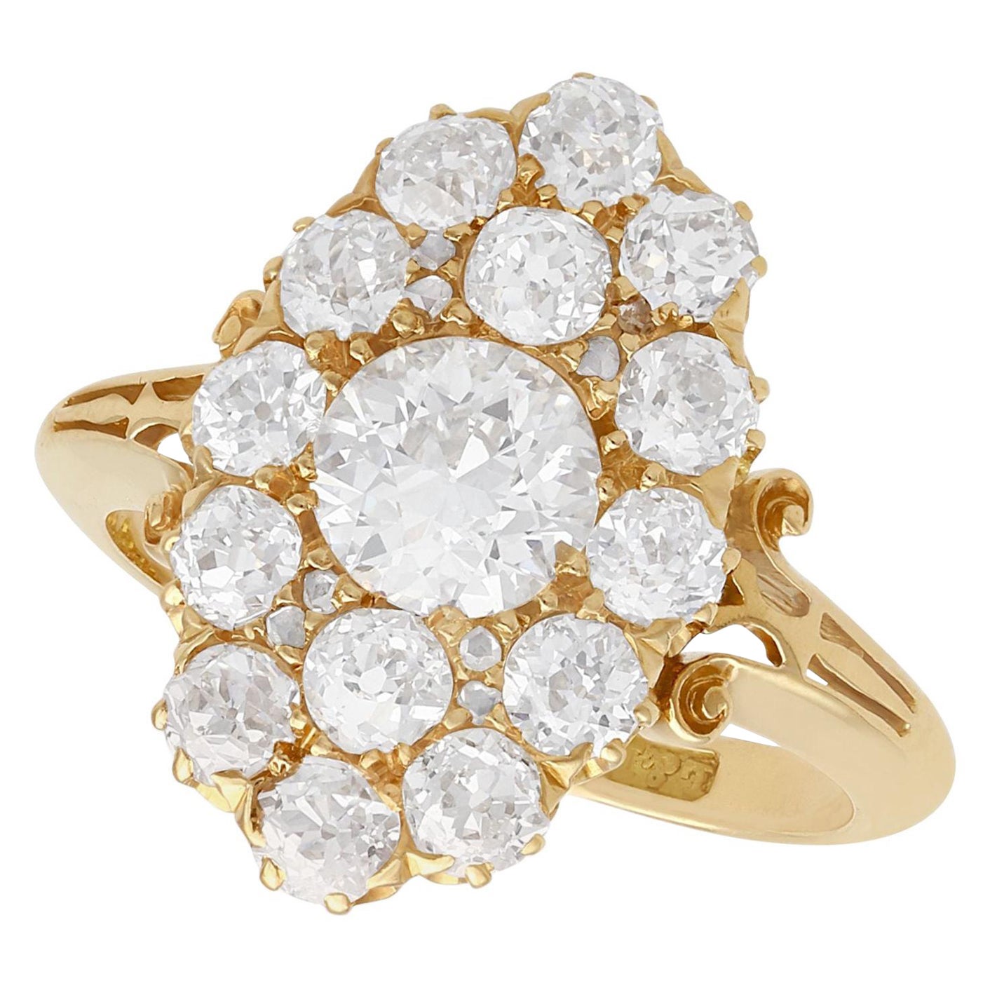 Antique Victorian 2.35 Carat Diamond and Yellow Gold Cocktail Ring For Sale