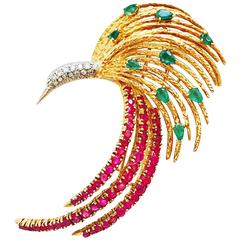 Mid-Century Ruby Emerald Diamond Gold Phoenix Bird Brooch