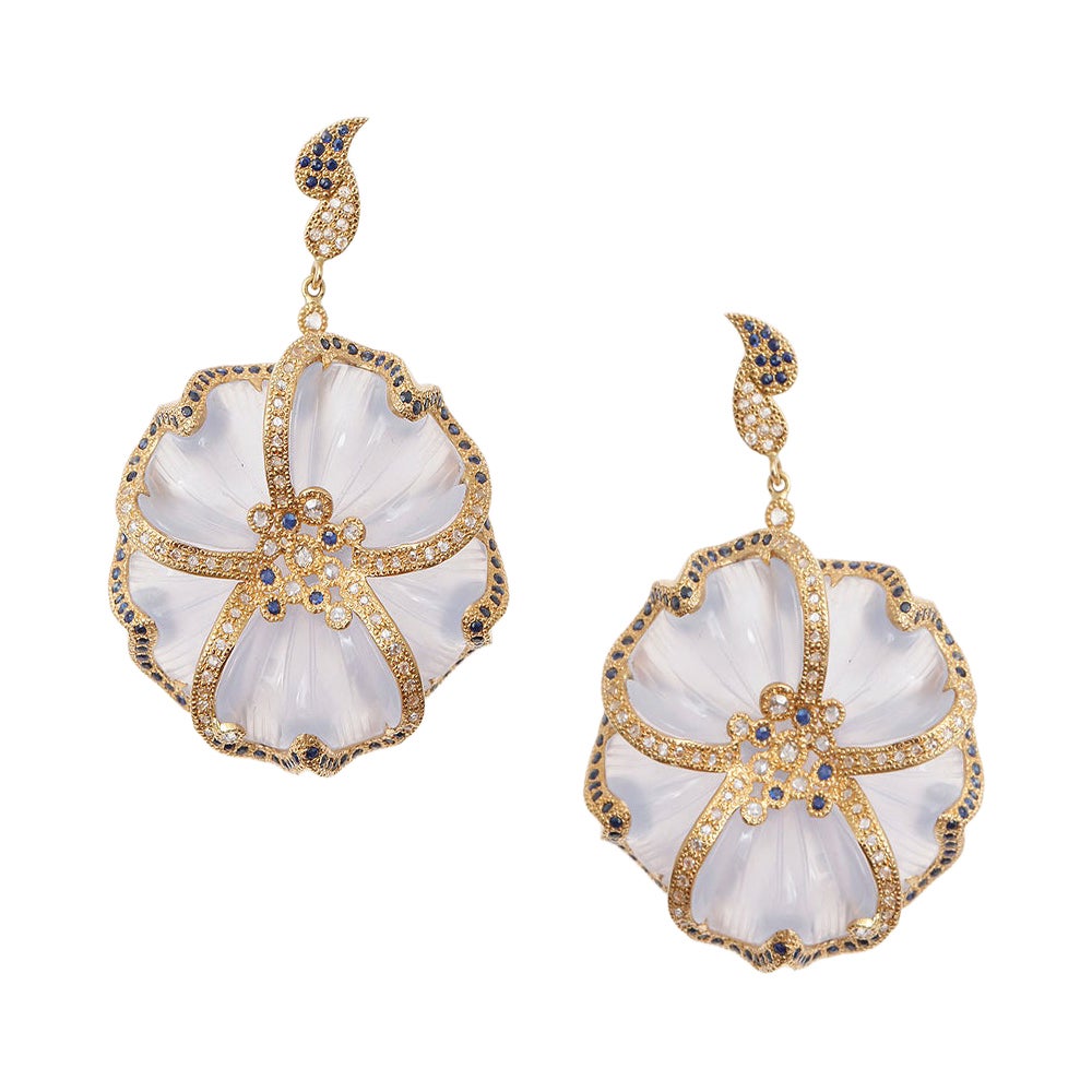 58.72 Carat Carved Chalcedony Flower Earrings with Diamonds
