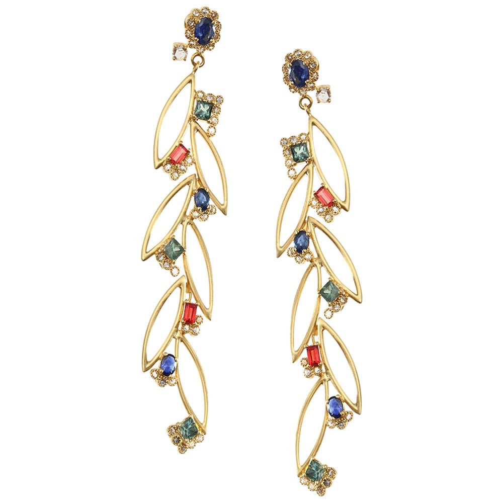 4.15 Carat Color Stone Dangle Earrings with Diamonds For Sale