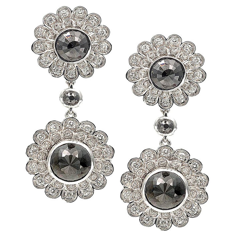 Black and White Diamond Deco Flower Drop Earrings with 20K White Gold For Sale
