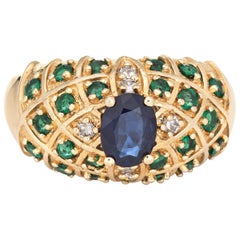 Sapphire Emerald Diamond Dome Ring Vintage 14k Yellow Gold Mixed Gemstones