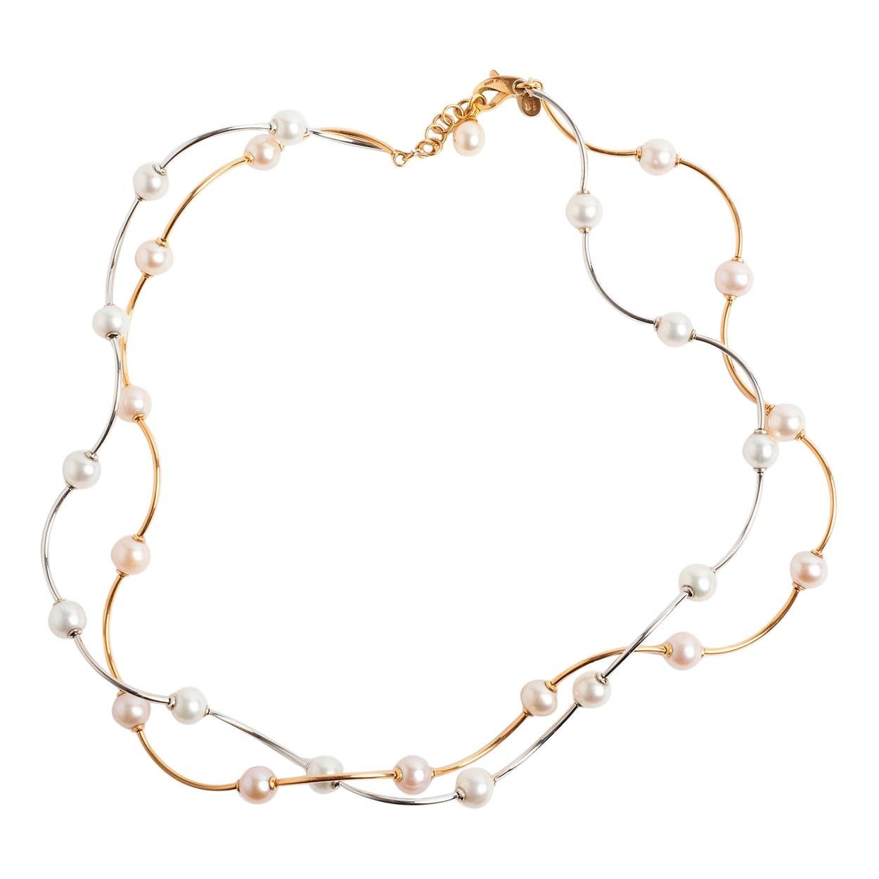 Collar de doble perla trenzada Elaine Firenze, oro rosa y blanco de 18 quilates. en venta