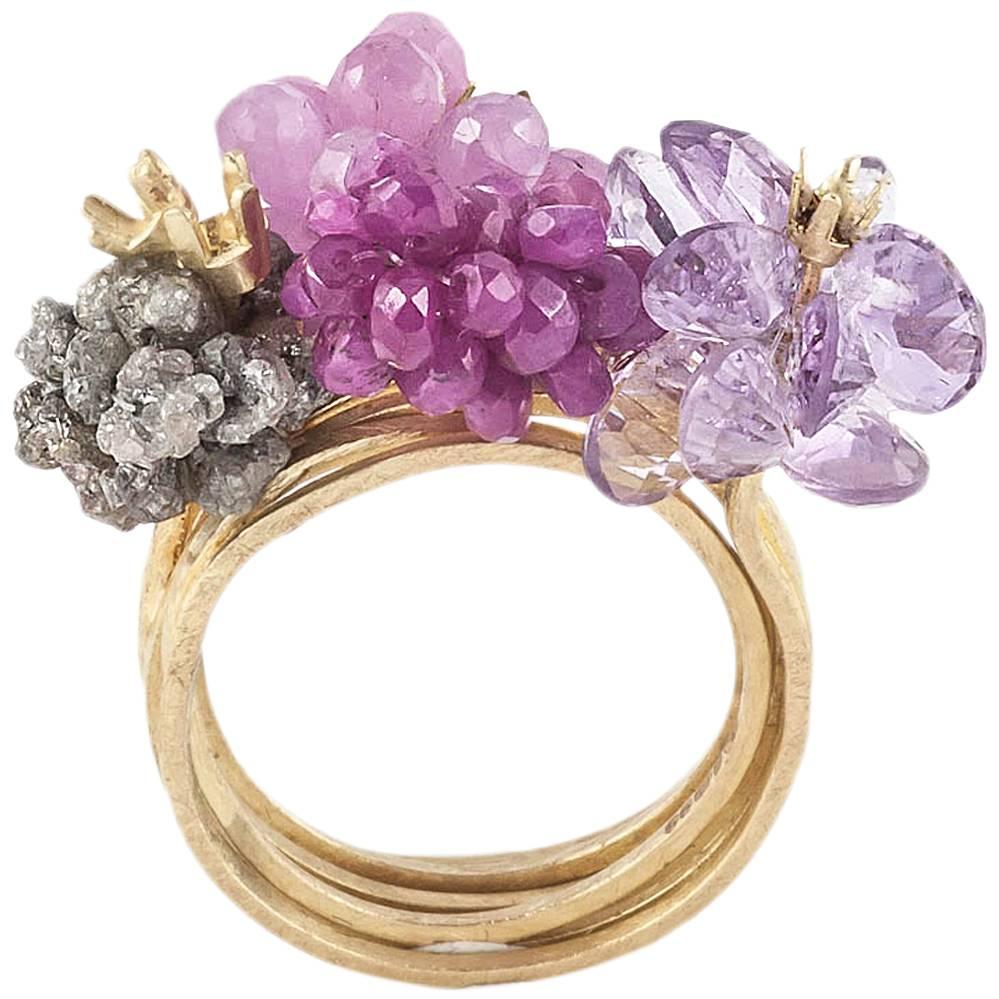 Contemporary Donna Brennan Ruby Pink Tourmaline Amethyst Diamond Gold Ring For Sale