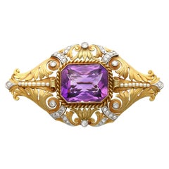 26.32 Carat Amethyst 1.02 Carat Diamond and Seed Pearl and Yellow Gold Brooch