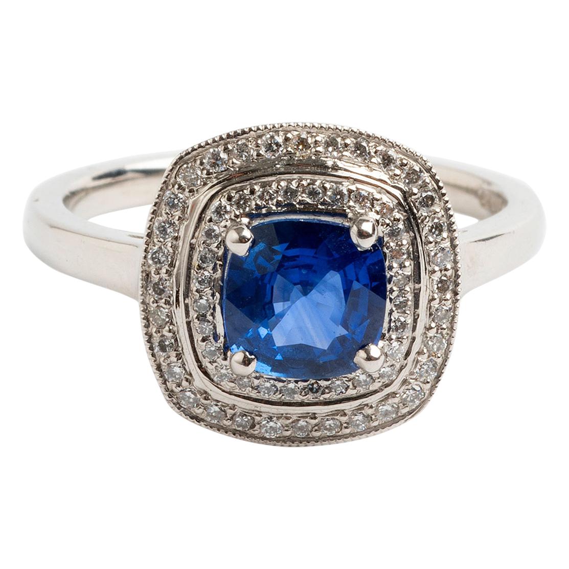 Sapphire and Pave Diamond Double Halo Ring, Hallmarked London 2013 For Sale