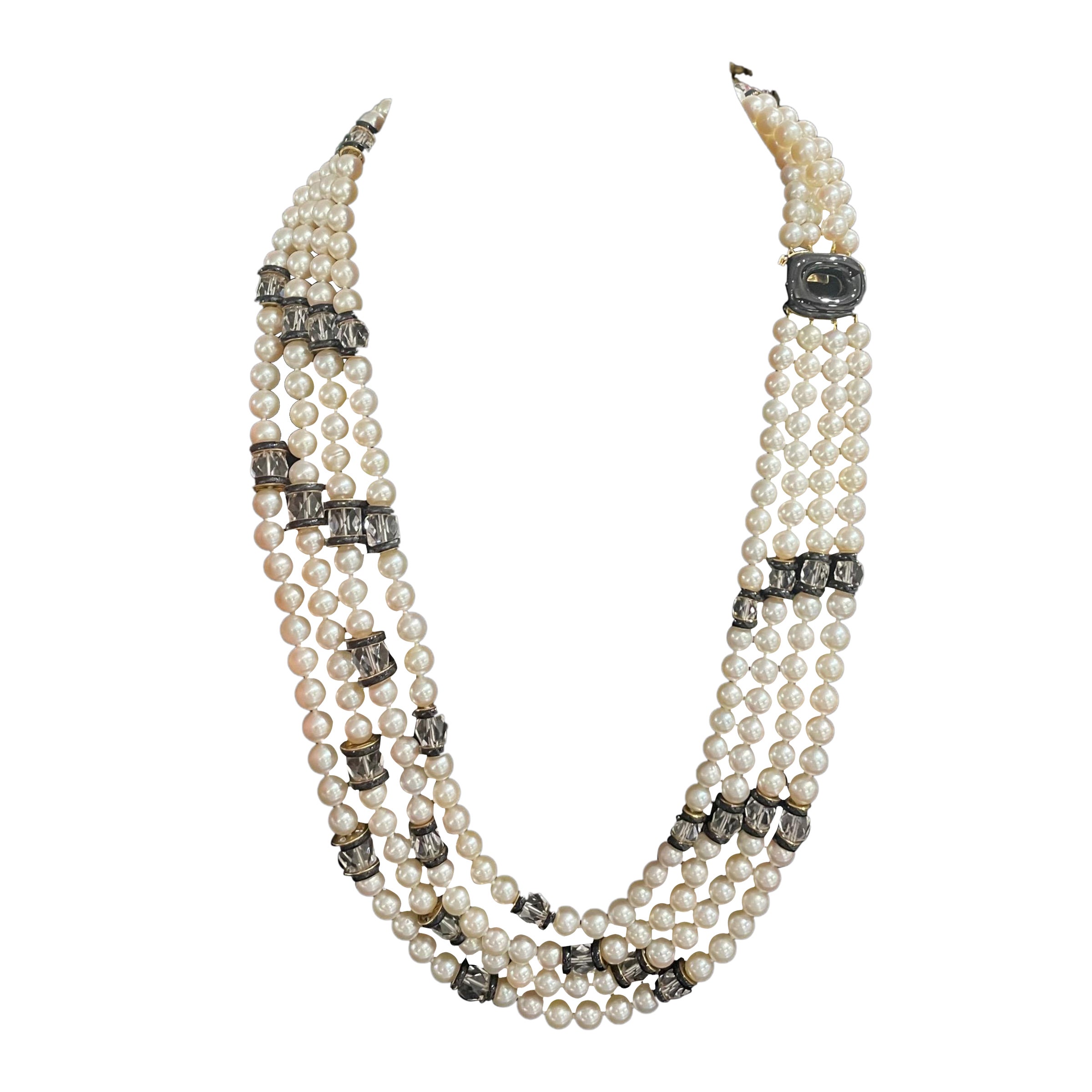 David Webb 4 Strand Pearl, Rock Crystal and Onyx Necklace For Sale