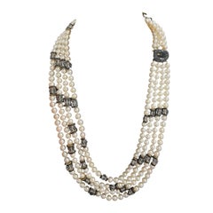 David Webb 4 Strand Pearl, Rock Crystal and Onyx Necklace