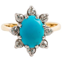 Vintage Turquoise and Diamond Cluster Ring, Hallmarked London 1977