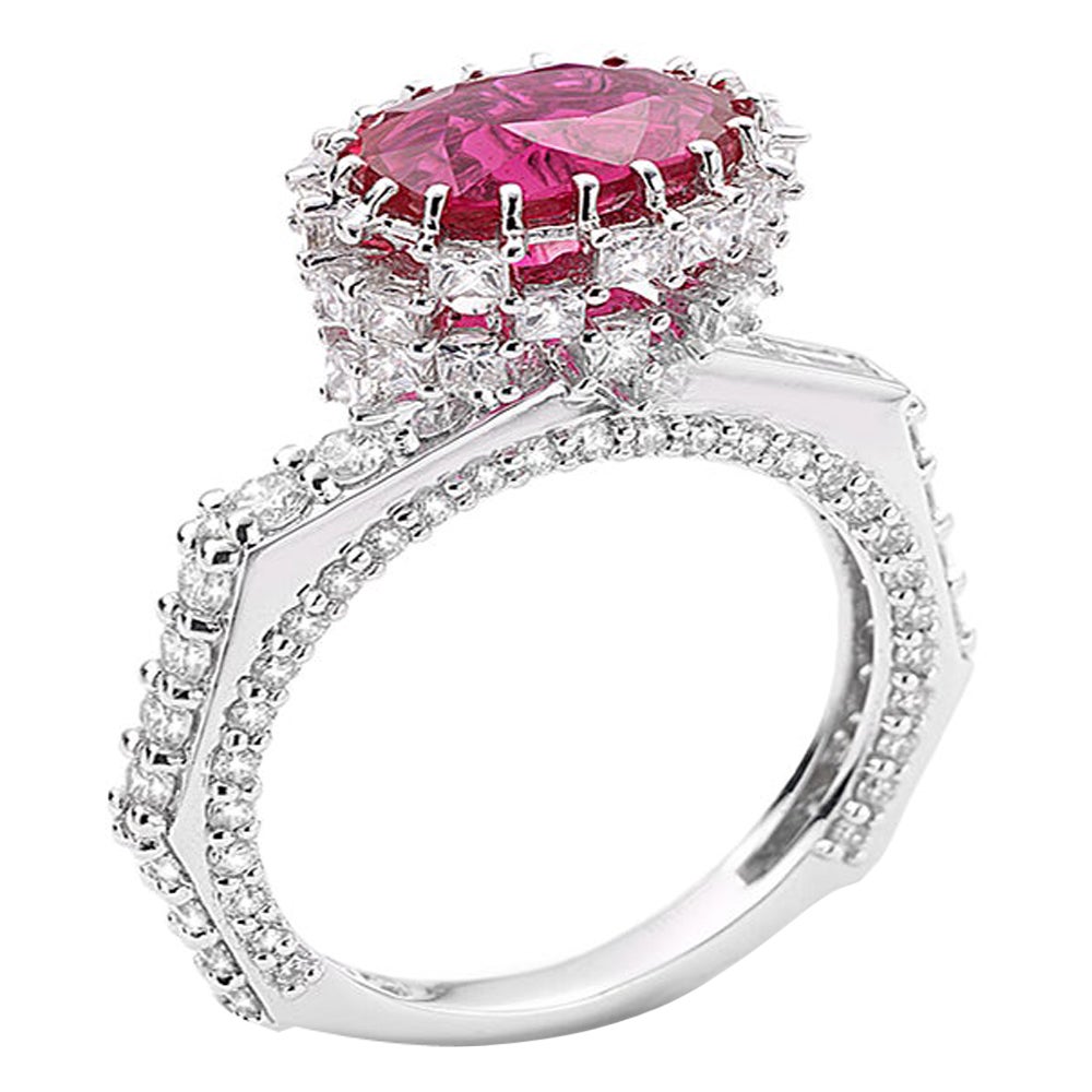 3.04-Carat Faceted Ruby with Rose-Cut Diamonds White Gold Ring