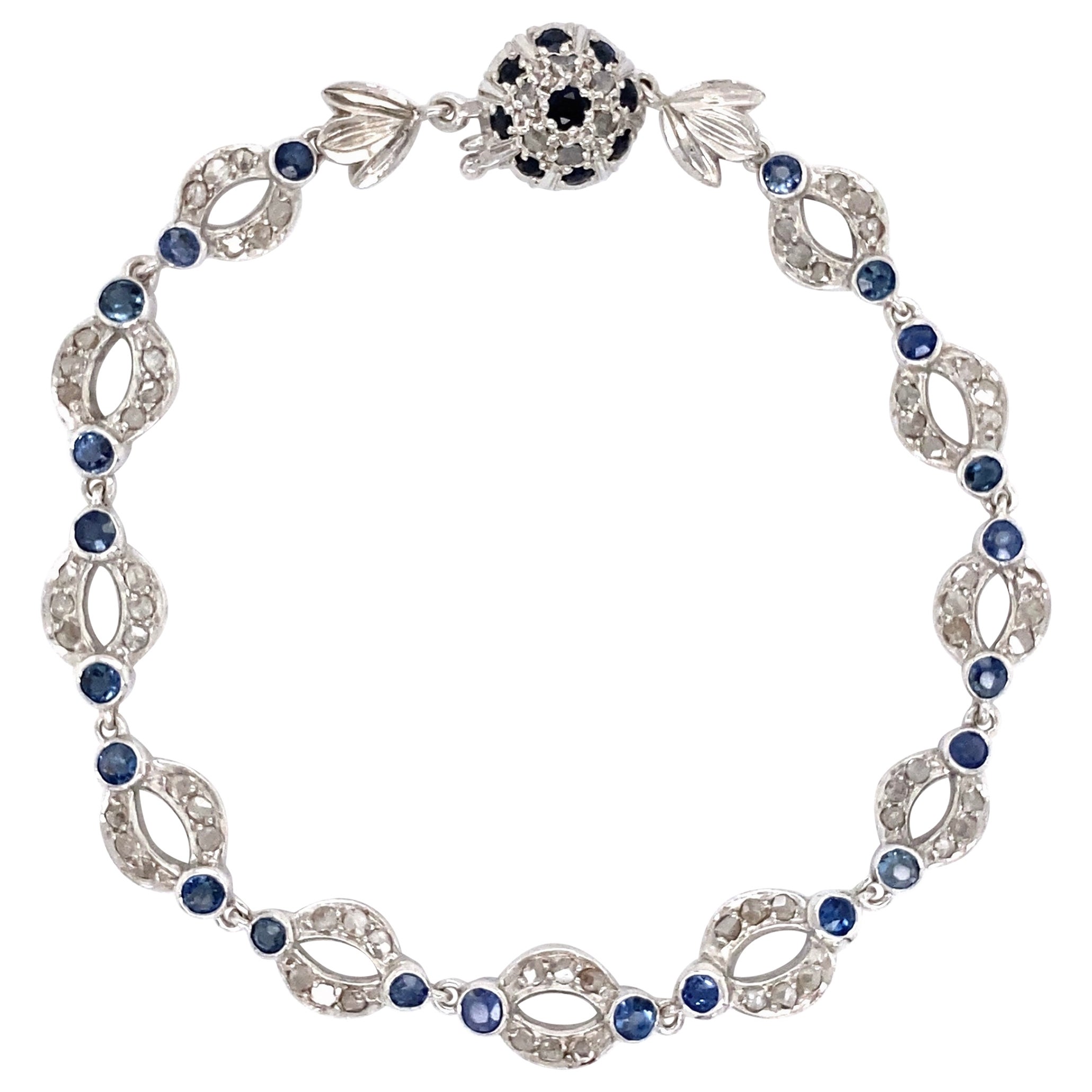 Diamond and Sapphire Open Link Platinum Bracelet Estate Fine Jewelry For Sale