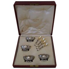 Puiforcat French Sterling Silver Set 4 Salt Cellars original Spoons and Box Iris