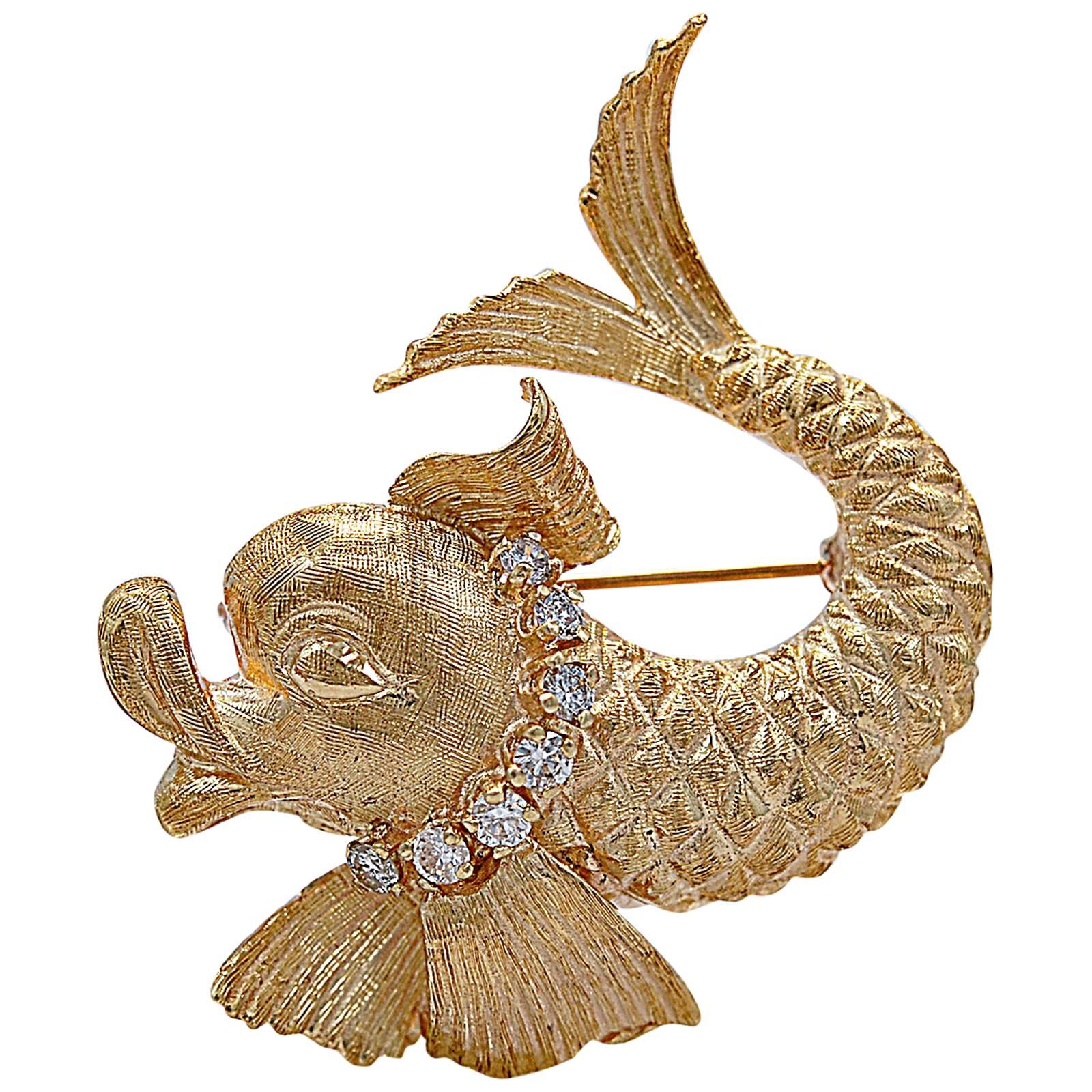 Diamond Gold Fish Brooch
