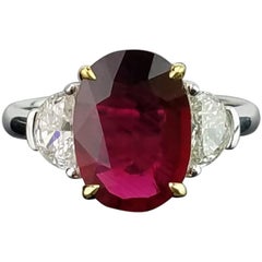 Customized 3.5 Carat No Heat Mozambique Ruby and Diamond Three-Stone Ring