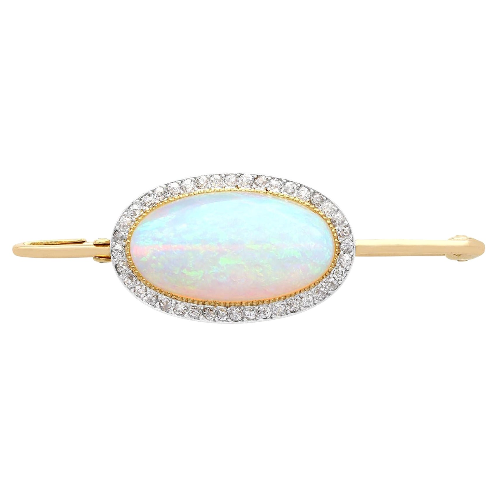 Antique French 9.30 Carat Opal and Diamond Yellow Gold Brooch For Sale