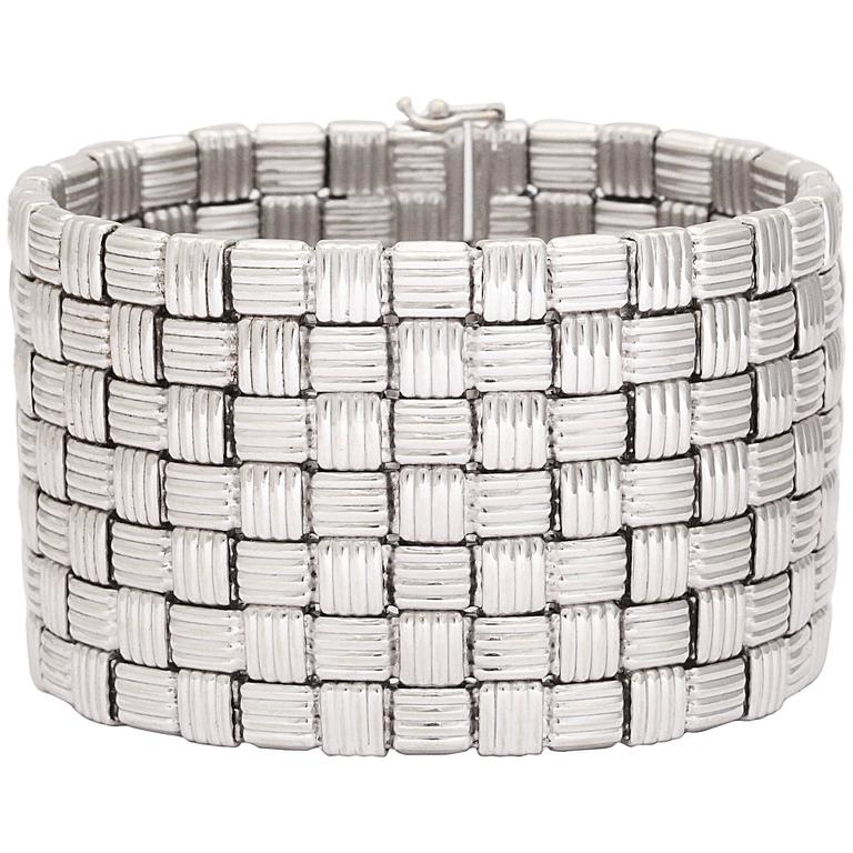 Wide White Gold Basket Weave Bracelet For Sale at 1stdibs