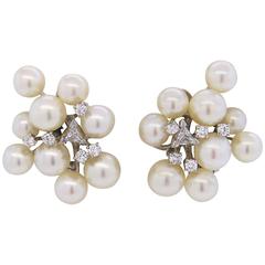 Vintage Mid Century Pearl Diamond Gold Earrings