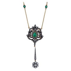 Edwardian Inspired Cabochon Emerald and Rose Cut Diamond Necklace