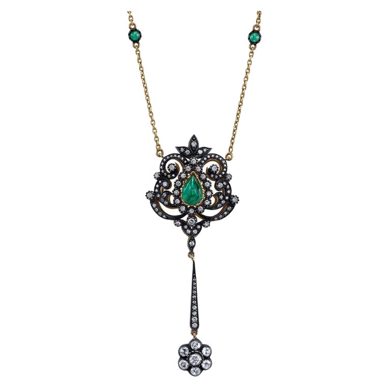 Edwardian Inspired Cabochon Emerald and Rose Cut Diamond Necklace For Sale