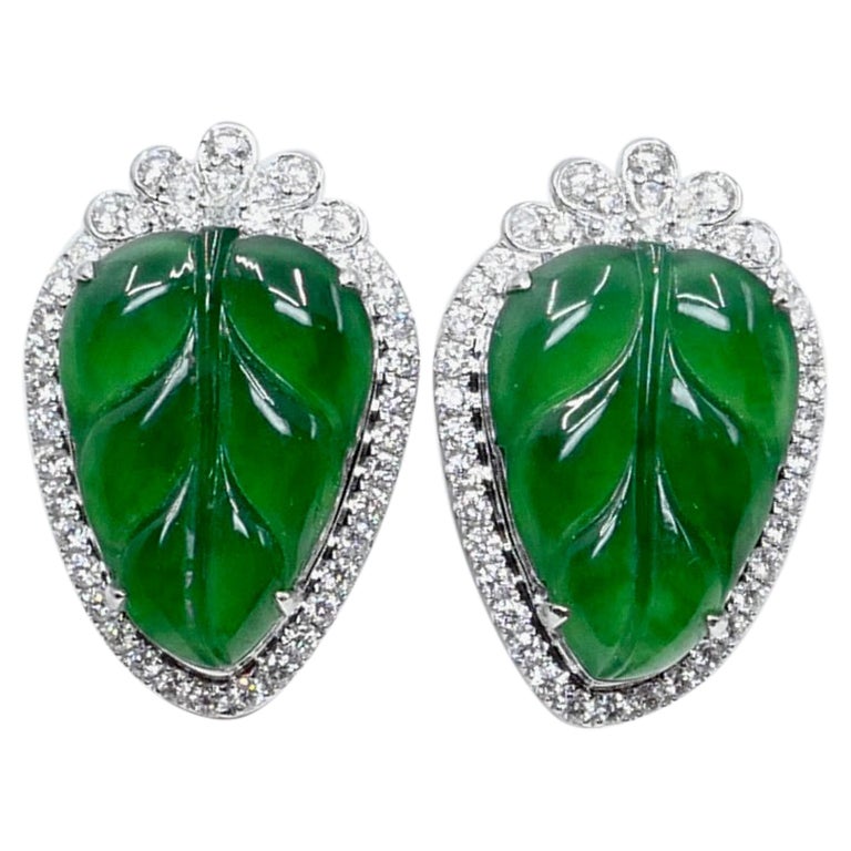 Certified Icy Imperial Green Jade and Diamond Earrings, Collector's Quality For Sale