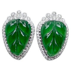 Certified Icy Imperial Green Jade and Diamond Earrings, Collector's Quality