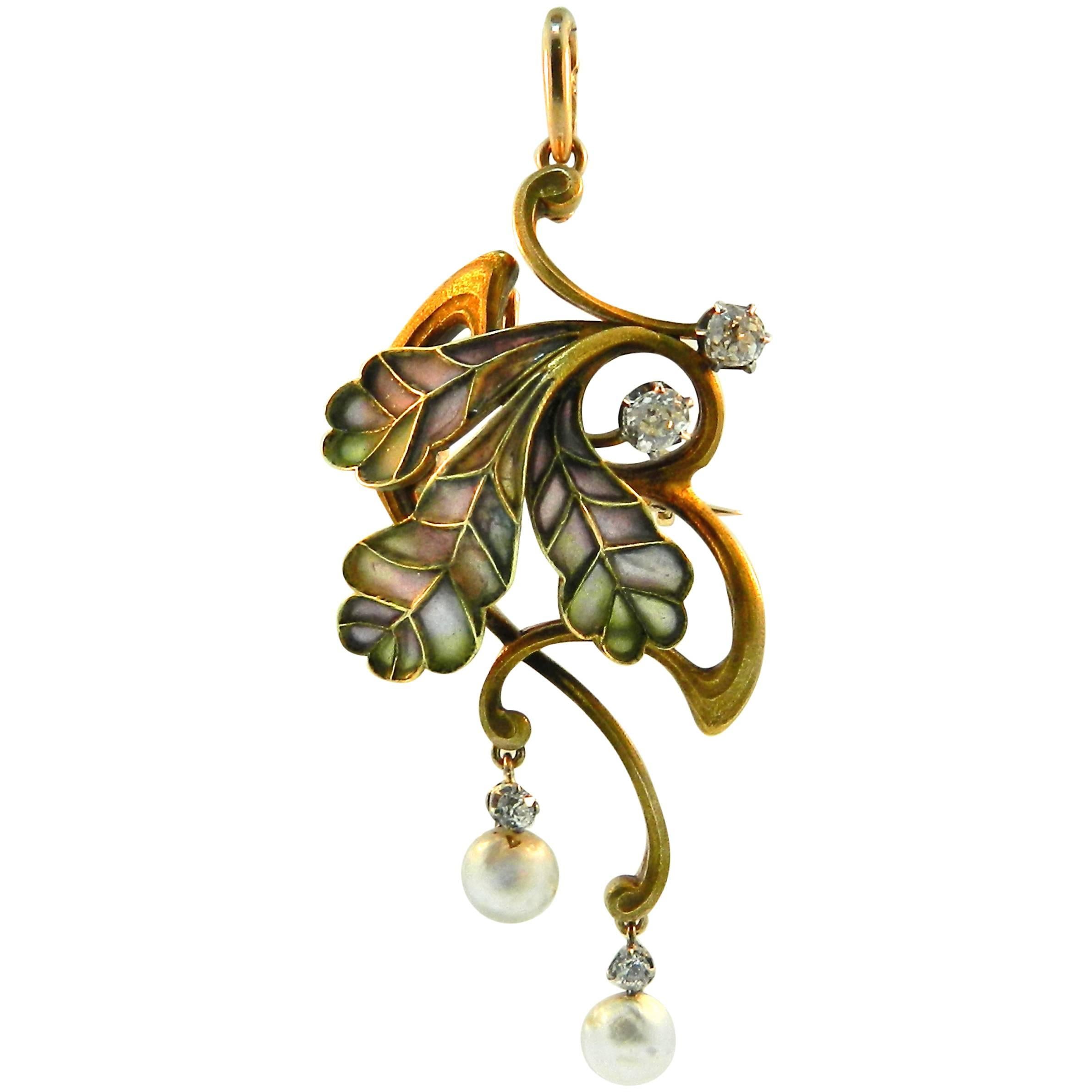 Abraham Beilin Art Nouveau Plique A Jour Enamel Pearl Diamond Gold pin brooch