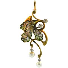 Abraham Beilin Art Nouveau Plique A Jour Enamel Pearl Diamond Gold pin brooch