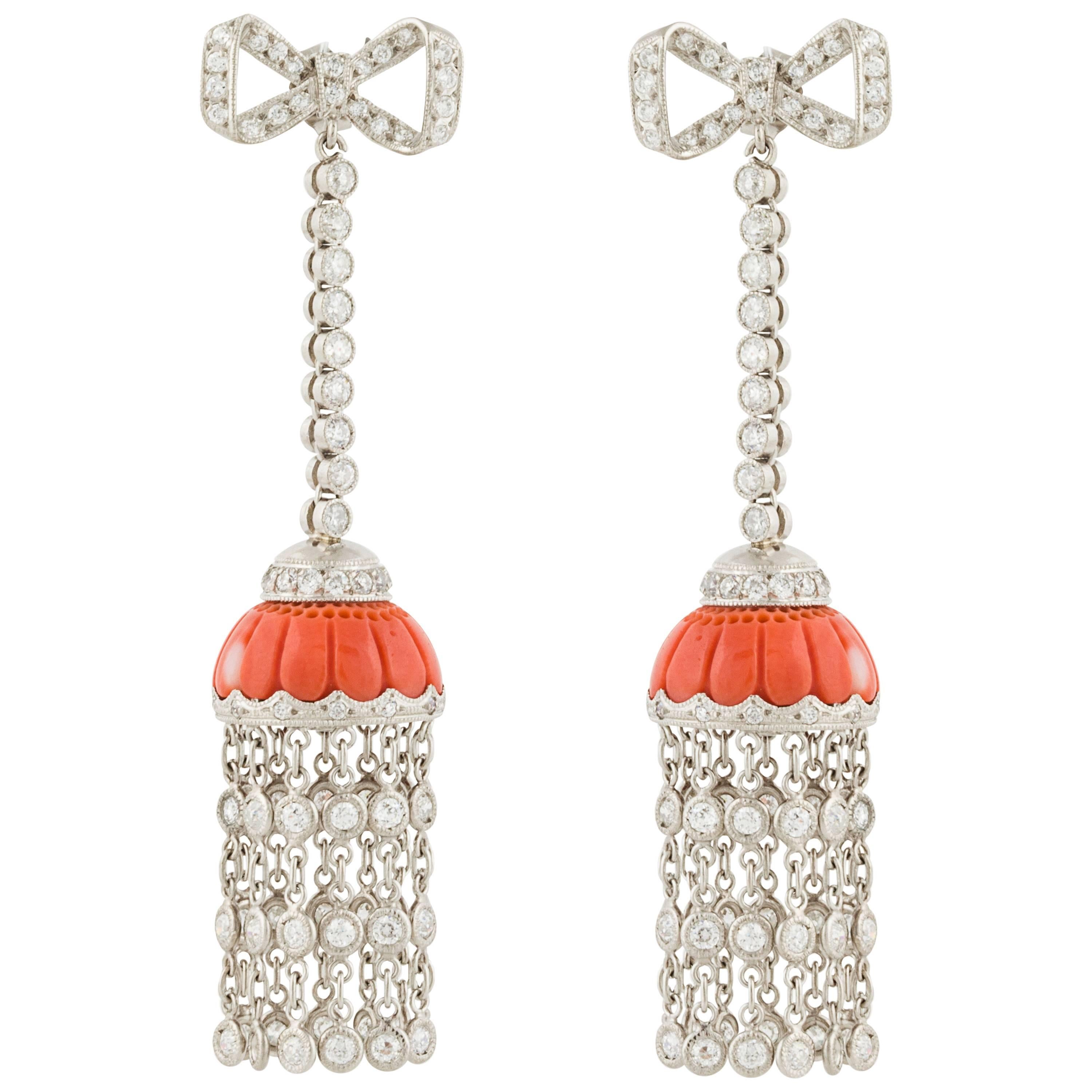 Coral Diamond Platinum Tassel Earrings