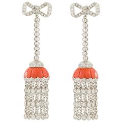 Coral Diamond Platinum Tassel Earrings