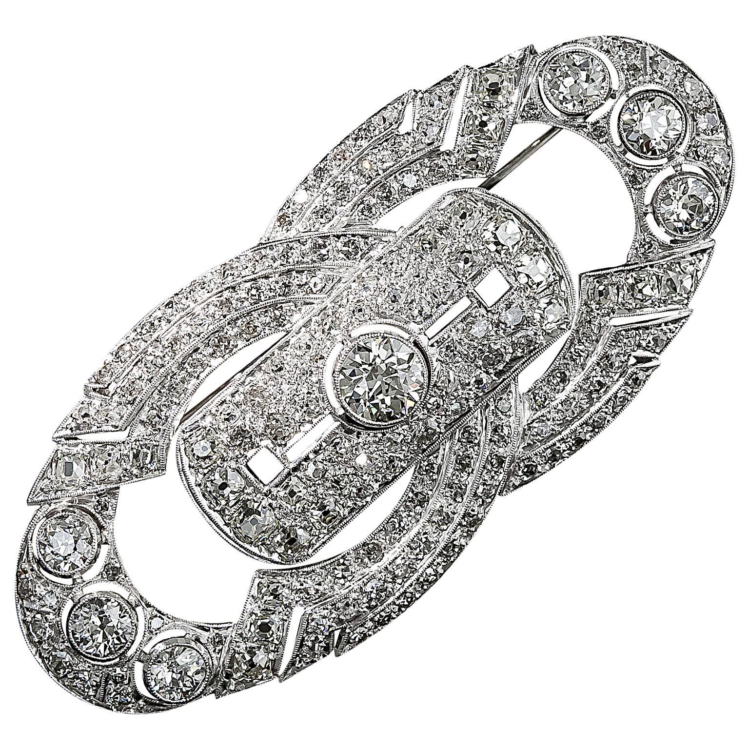 Large Art Deco Diamond Platinum Brooch For Sale