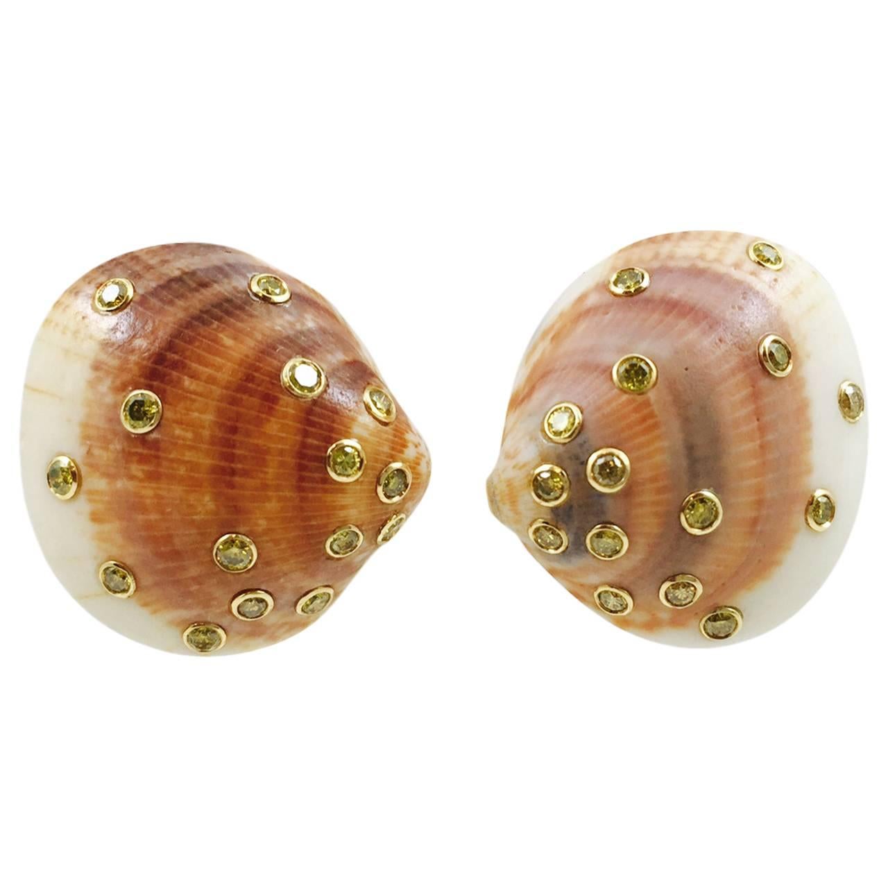 Fancy Yellow Diamond gold Shell Earrings For Sale