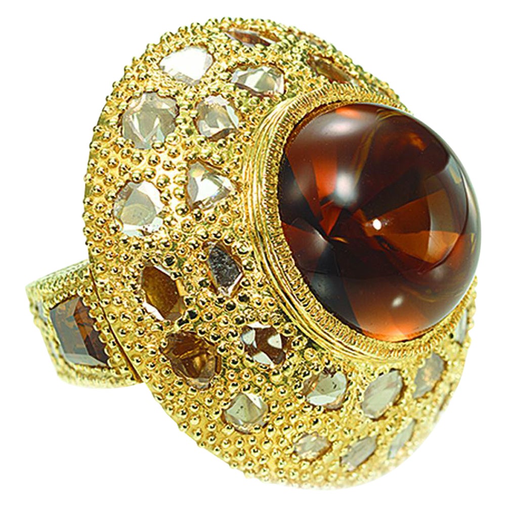 Saucer Ring with Large Cognac Quartz Centerstone and 3.24-carat Diamonds
