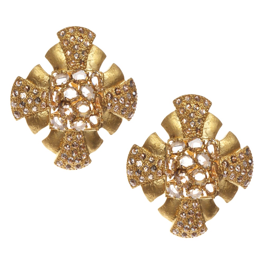 Art Deco Style Design Stud Earrings with 3.31 Carat Rose-Cut Diamonds For Sale