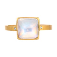 Moonstone Cabachon Ring with Diamond Accents in 18k Matte Yellow Gold