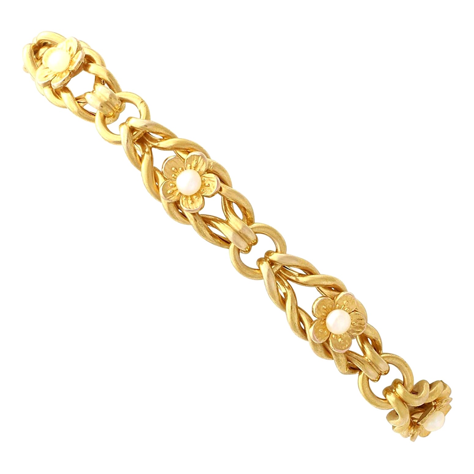 1900er Jahre, antikes französisches Perlen- und Gelbgoldarmband