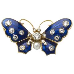 Blue enamel pearl diamond gold brooch 9