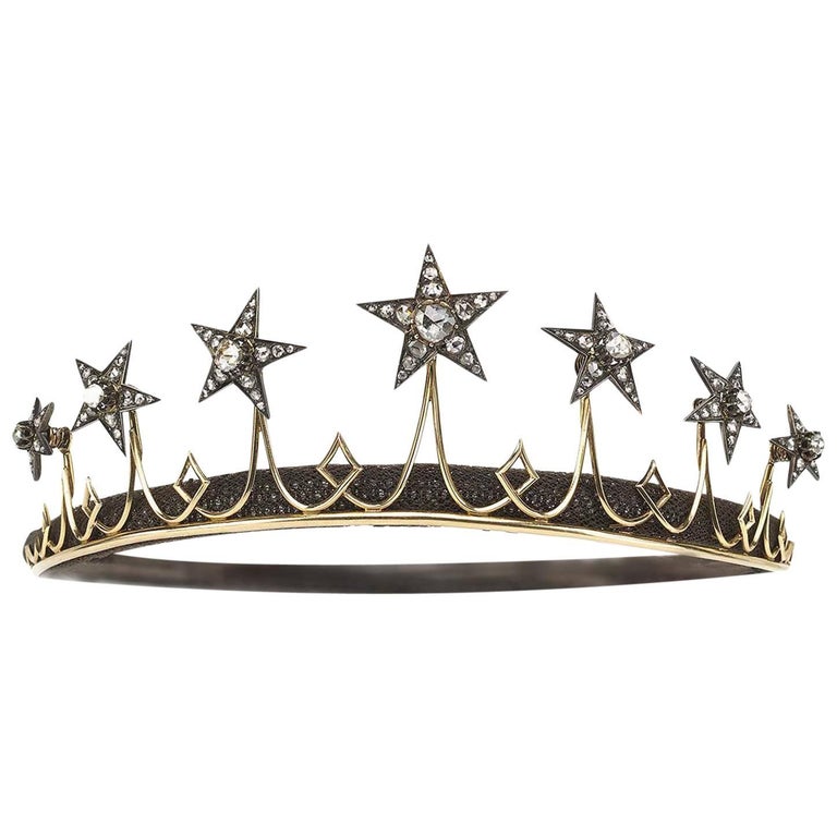Victorian Diamond Silver Gold Star Tiara For Sale